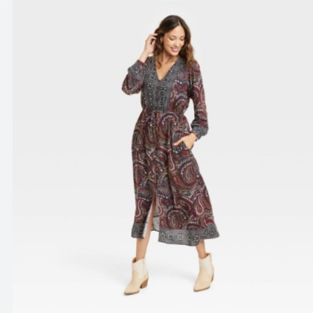 Knox Rose Long Sleeve Button-Front Dress - Boho Night Sky-  Size XS  - NWT